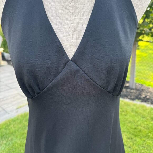 Vintage 70s Maxi Dress Black V-Neck Empire Waist Witchy Halter Gown - Picture 3 of 13